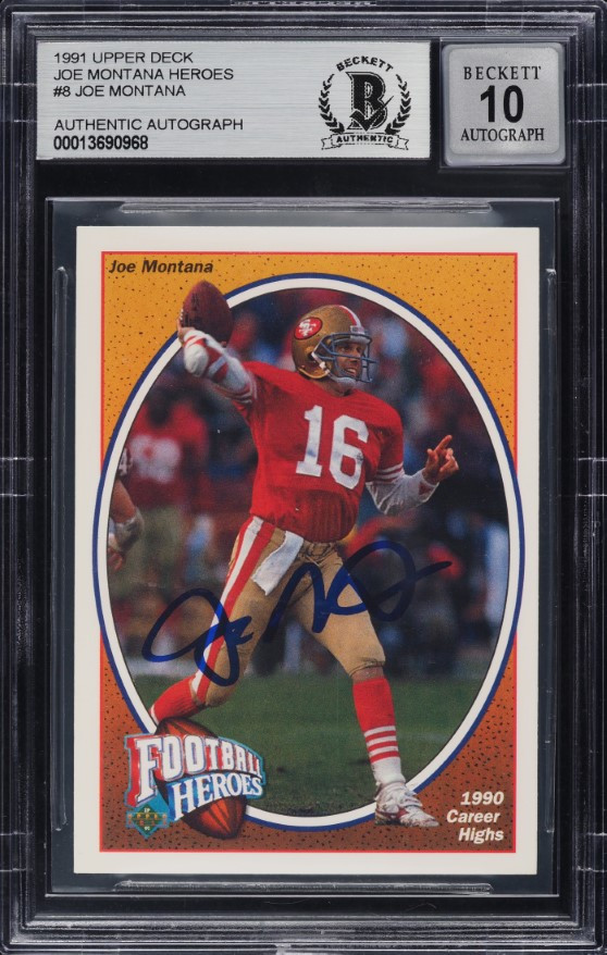 1991 UPPER DECK HEROES JOE MONTANA AUTO #8 BAS BGS 10 (AUTO GRADE