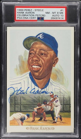 1989 PEREZ-STEELE CELEBRATION POSTCARD HANK AARON AUTO DNA 10 #1 PSA 8(MK) 