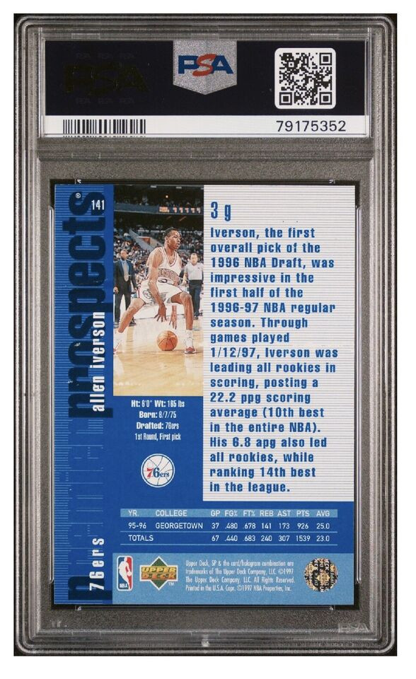 1996 SP ALLEN IVERSON ROOKIE RC #141 PSA/DNA AUTO 10 GEM 1996 SP ALLEN IVERSON ROOKIE RC #141 PSA/DNA AUTO 10 GEM
