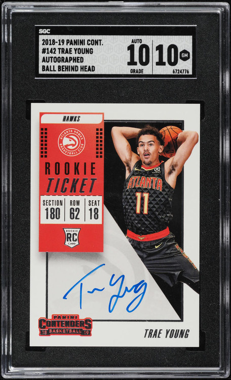 2018 PANINI CONTENDERS BALL BEHIND HEAD TRAE YOUNG ROOKIE AUTO #142 SGC 10