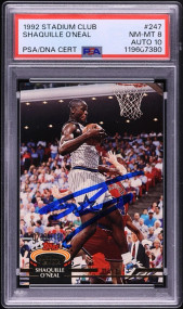 1992 Stadium Club Basketball Shaquille O'Neal ROOKIE AUTO DNA 10 #247 PSA 8 NM-M