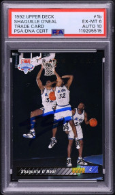1992 Upper Deck Trade Card Shaquille O'Neal ROOKIE AUTO DNA 10 #1b PSA 6 EXMT