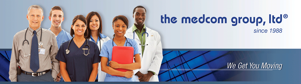 A group of diverse medical professionals standing next to the Medcom Group logo and tagline