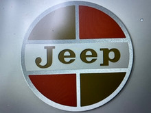 Jeep logo medallion with early font, 3" round with aluminum backing. Just plain COOL!!