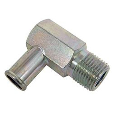 Heater hose fitting, 1/2" NPT x 5/8" barbed, 90 degree