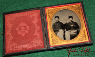 Ambrotype image of two Civil War soldiers, both with cigars in their mouths, ID pin 