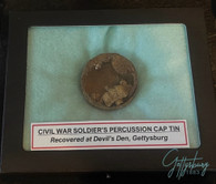 Percussion cap tin with caps, dug at Devil's Den, Gettysburg, ex-Rosensteel collection