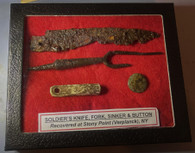 Revolutionary War soldier’s knife, fork, sinker and button, recovered at Stony Brook, NY