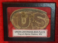 Union “US” Cartridge box plate, recovered at Alpine Station, WV