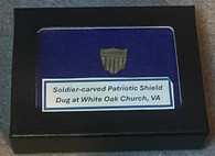 Patriotic shield cut out of a Jeff Davis Hatpin by soldier, dug at White Oak Church, VA