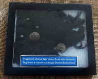 RARE – Remnants of a Union soldier’s blue jacket with buttons recovered from the Savage’s  Station, VA Battlefield