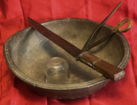 Revolutionary War medical grouping of basin, amputation knife, forceps, and glass blood-letting cup (SOLD)