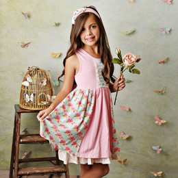 Serendipity Clothing  French Rose 3pc Panel Dress, Floral Shortie, & Headband - size 2T