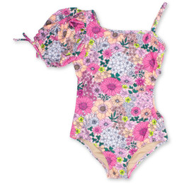Shade Critters  Puff Sleeve Cutout 1 Shoulder 1pc Swimsuit - Mod Floral Pink **PRE-ORDER**