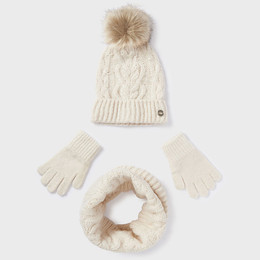 Mayoral              4pc Cable Knit Hat, Scarf, & Gloves Set - Cream