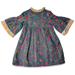 Yo Baby Bell Sleeve Layered Dress - Bird Print / Stripe