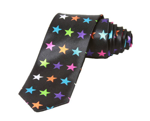 2' Trendy Skinny Tie  - Black Multicolor Symmetrical Placed Stars