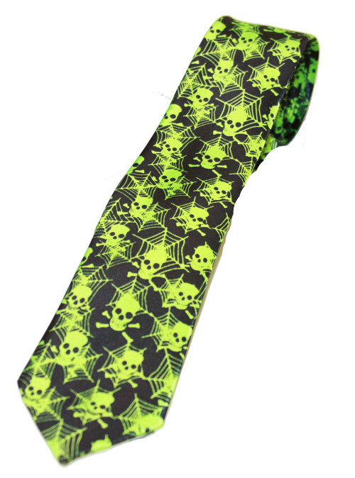 Trendy Skinny Tie - Spooky Skulls and Bones - Green and Black