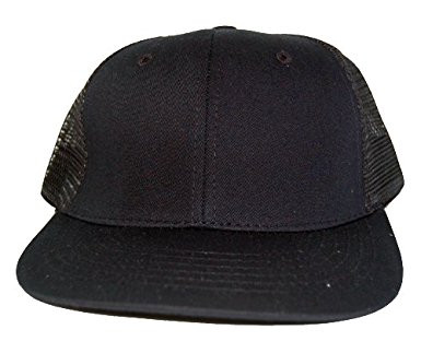 New Style Cotton Style Flat Bill Trucker Mesh Hat Cap - Solid Black Mesh