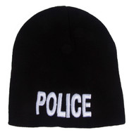 Cuffless Embroidered Police Text Style Beanie - Black