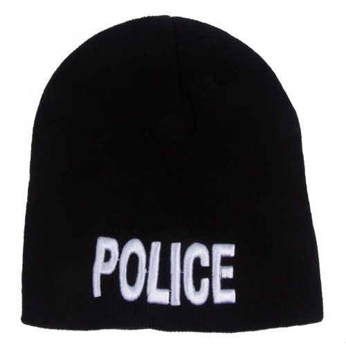 Cuffless Embroidered Police Text Style Beanie - Black