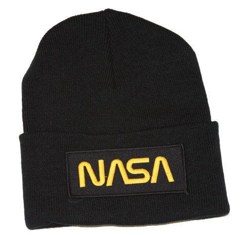 Delux 3D Patch Embroidery Black Cuff Beanie, Space NASA Gold Logo