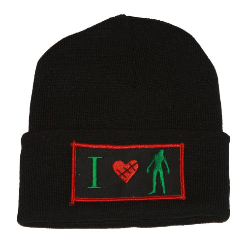Winter Knit Black Beanie Cuff I Love Zombie 3D Patch Embroidery