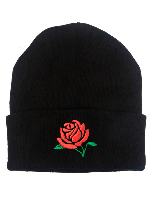 Gravity Threads Red Rose Embroidery Cuffed Beanie