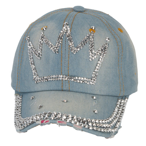 Top Headwear Women's Rhinestone Crown Distressed Denim Fashion Baseball Cap