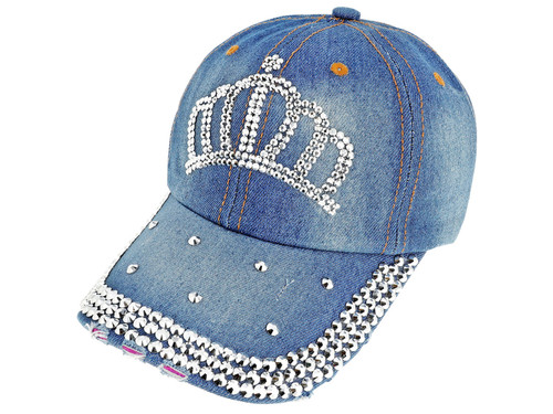 Top Headwear Crown Gemstone Distressed Denim Fashion Baseball Cap