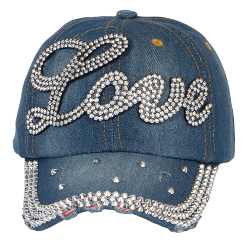 Top Headwear Cursive Love Stoned Distressed Denim Fashion Baseball Cap
