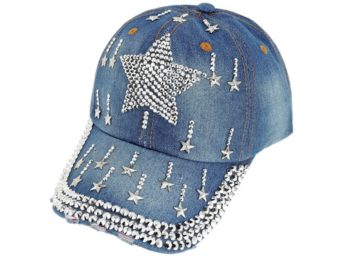Top Headwear Star Gemstone Distressed Denim Fashion Baseball Cap