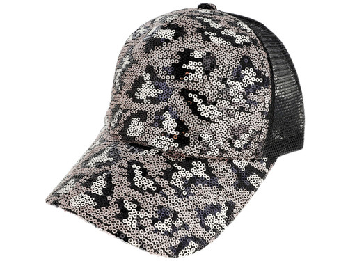 Top Headwear Cheetah Print Sequin Mesh Adjustable Baseball Cap