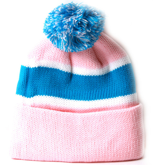 Winter Striped Beanie with Pom - Light Pink/Turquoise