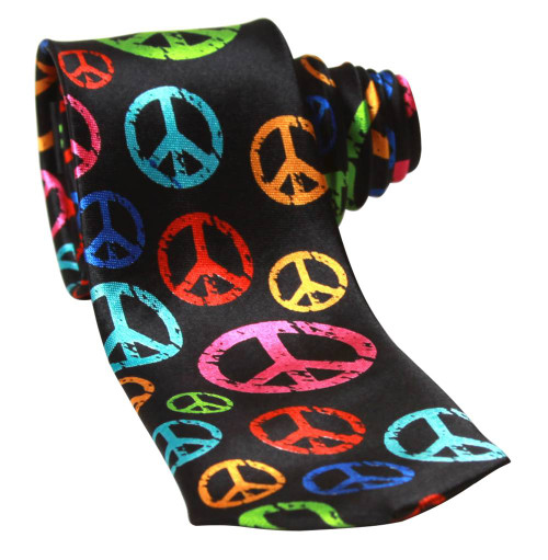 Trendy Skinny Tie - Black with Rainbow Peace Signs(2inch)