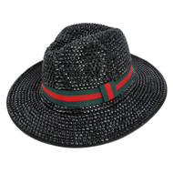 Top Headwear Fashion Bling Rhinestone Studded Wide Brim Stripe Fedora Panama Hat