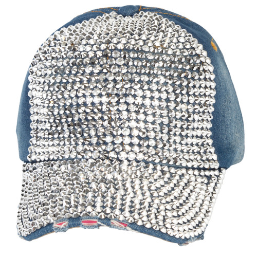 Top Headwear Full Rhinestone Studded Distressed Denim Baseball Cap