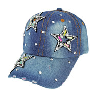 Top Headwear Gem Stars Studded Distressed Denim Baseball Cap