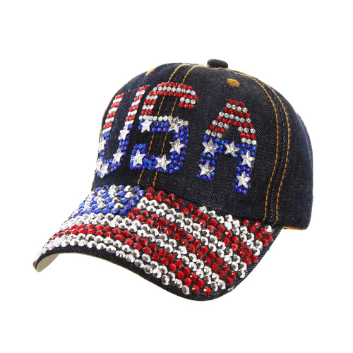 Top Headwear Patriotic USA American Flag Studded Denim Baseball Cap
