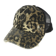 Top Headwear Fashion Leopard Cheetah Print Criss Cross Ponytail Trucker Hat