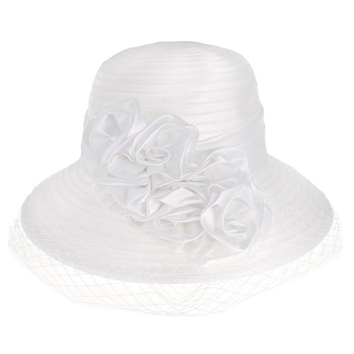 ChicHeadwear Bridal Church Satin Floral Ribbon and Mesh Veil Braid Hat