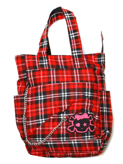 Clover Tote Chain Style Hand Bag - Red and Black Plaid with Cute Skull