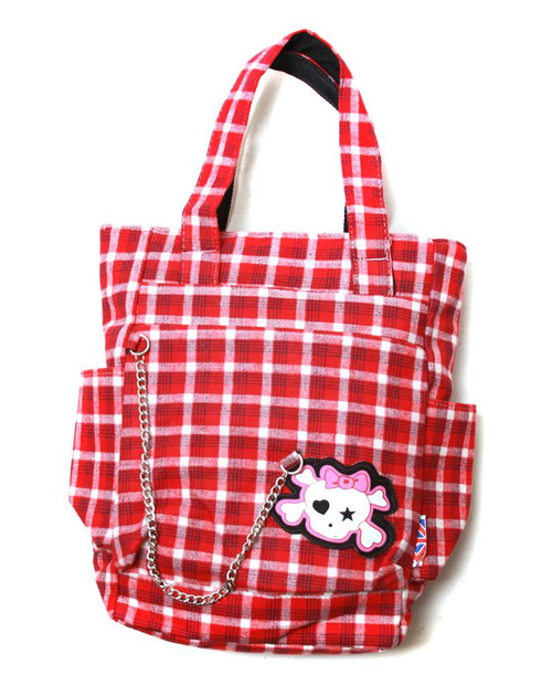 Clover Tote Chain Style Hand Bag - Red and White Plaid with Cute Skull