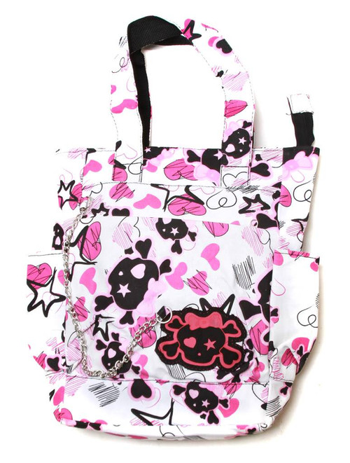 Clover Tote Chain Style Hand Bag - White, Cute Skull and Sketched Hearts and Stars