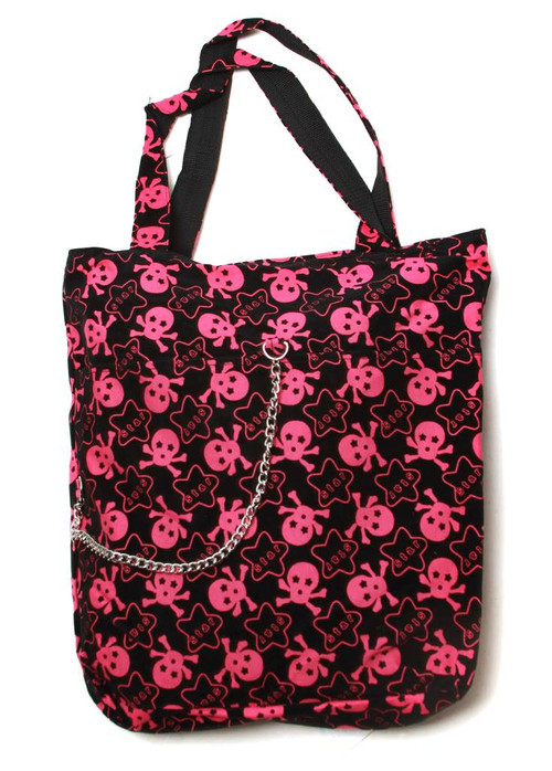 Clover Tote Chain Style Hand Bag - Black, Hot Pink Stars and Skulls Pattern