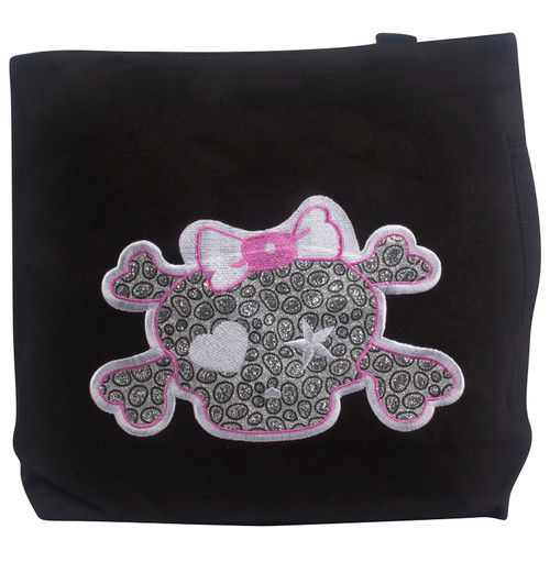 Clover Cartoon Pink and Silver Skull Tote Bag, Black