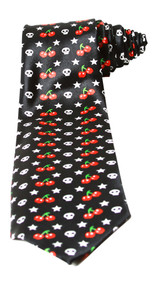 Trendy Skinny Tie - Black with White Skulls and Red Cherries