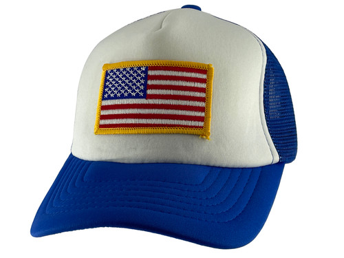 Trucker Mesh Vent Snapback Hat, USA Flag 3D Patch Embroidery Royal Blue