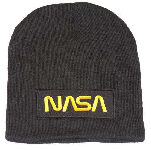 Delux 3D Patch Embroidery Black Short Beanie, Space NASA Gold Logo