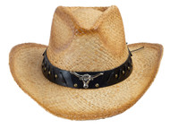 Top Headwear Outback Tea Stained Raffia Straw Hat with Longhorn Western Cowboy